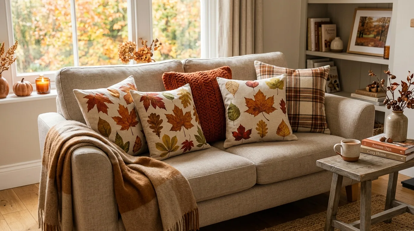 Autumn leaf pattern pillow covers on sofa